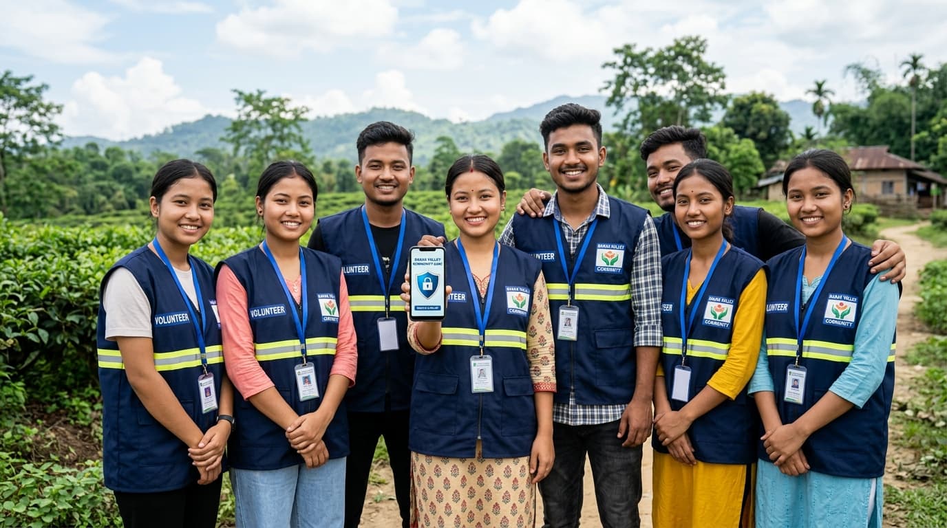 Group portrait of local Barak Valley volunteers standing together with emergency response safety badges.