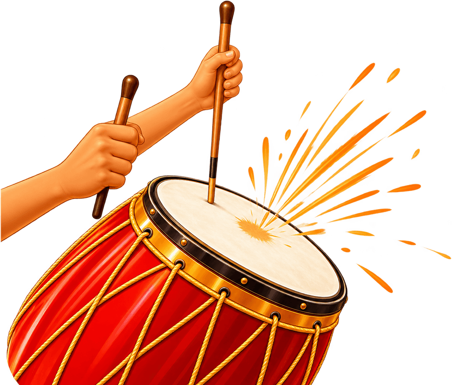 A dhak — the drum played through Durga Puja — being struck with both sticks.
