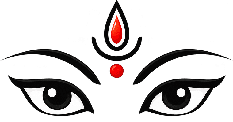 A line drawing of Durga's eyes with the third-eye teardrop above them.