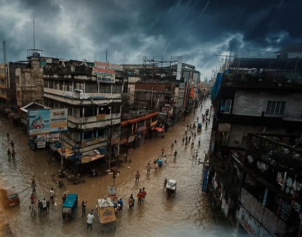 Illustration of a town market street under flood water, with people wading between shops under a storm sky.