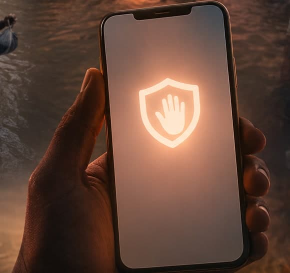 Illustration of a hand holding a phone at dusk, the screen showing a glowing shield with an open palm inside it.